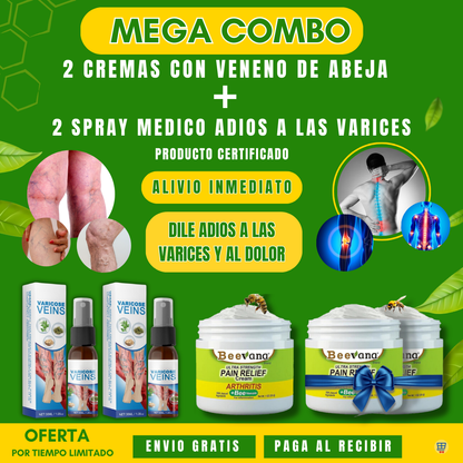 MEGA COMBO, 2 cremas dolores y articulaciones + 2 Spray medico adios venas varices